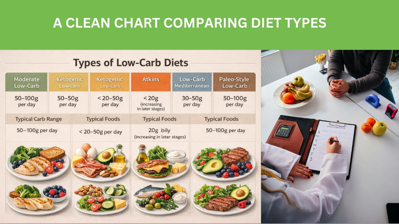 Figure 2: Common low-carbs different types, some reduce carbs moderately, while ketogenic diets reduce them drastically to promote ketosis